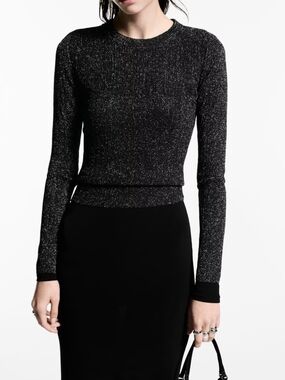 Mango Black Sparkle Long-Sleeve Crewneck Top